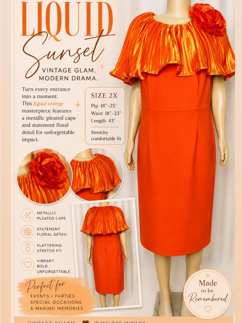 NWT! Neon Orange Metallic Pleated Cape Cocktail Dress Floral Accent Stretch